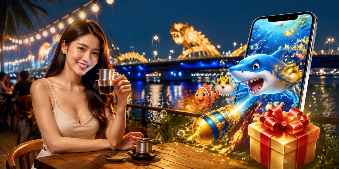 Người chơi tại Đà Nẵng thư giãn với game bắn cá trên điện thoại bên ly cà phê